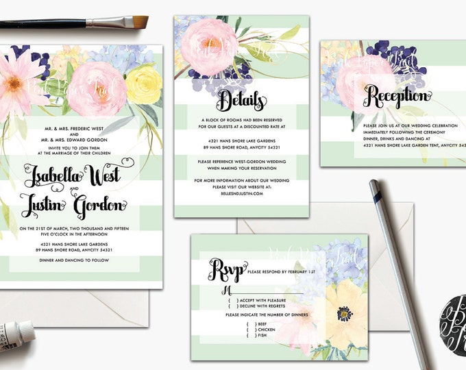 Printable Wedding Invitation Suite v.4, Spring Wedding, Floral, Rustic, Romantic, Watercolor Flowers, Garden Wedding, Spring Floral 4 Pcs.