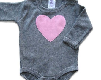 Pink Heart Baby Girl Onesie, Valentine's Day Onesie, Grey Bodysuit