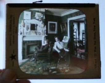 1908 Amusing DeWitt Wheeler Antique glass slide magic lantern "Glad I'm Married" hand colored
