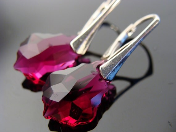 Ruby Red Swarovski Crystal Drop Baroque Sterling by VestaJewelry