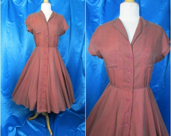 Vintage Adde Full Skirt Shirt Dress. Sheer Cotton Layers. Brown