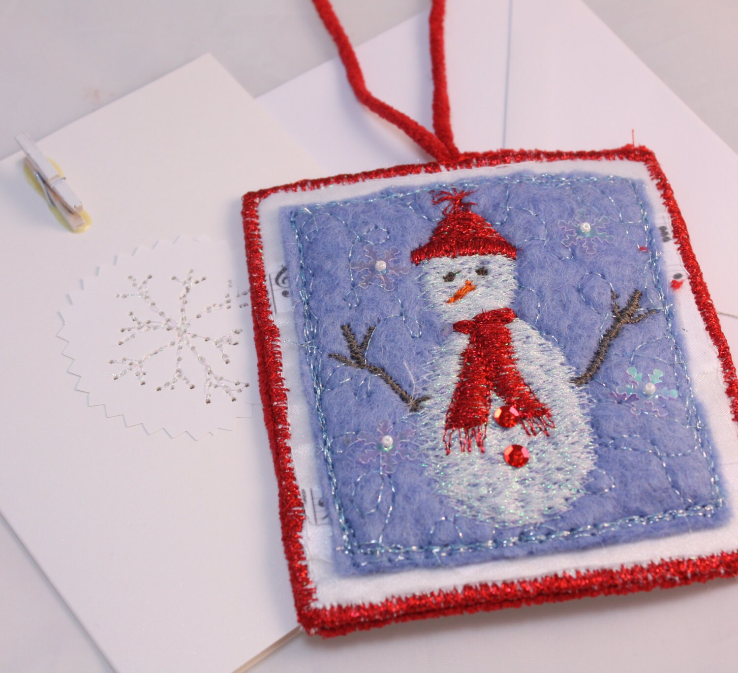 Christmas card with removable Snowman Christmas ornament Felt handmade tree decoration ice blue red Snowflake Holiday decor