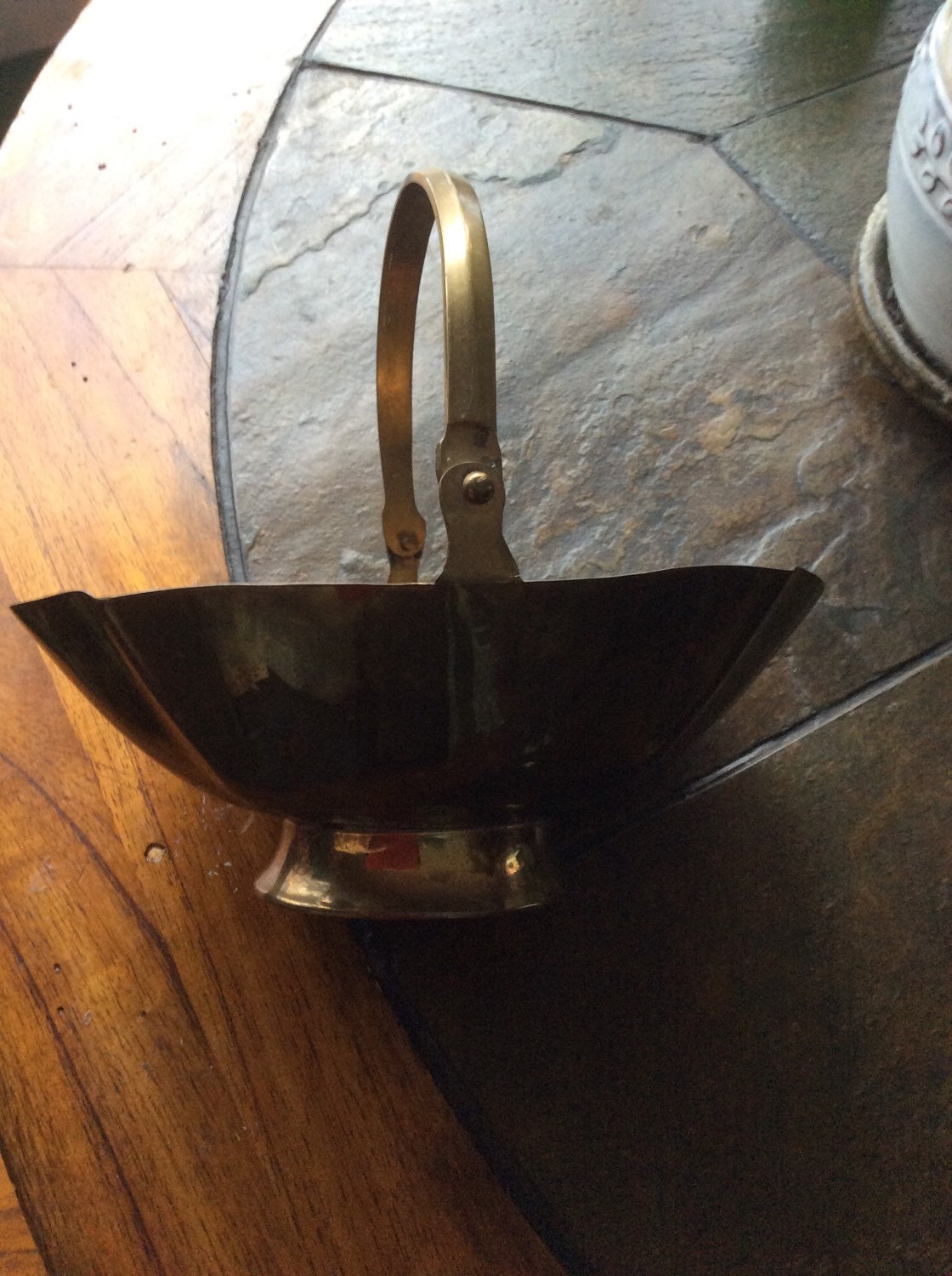 Vintage brass basket with hindged handle solid brass vintage