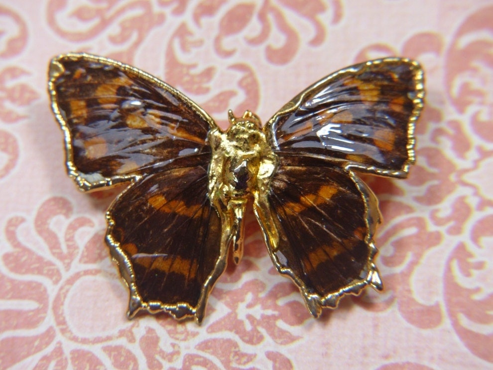 Vintage Brown and Gold Enamel Butterfly Brooch BUT136