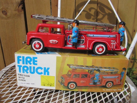 Vintage Tin Friction Fire Truck With Siren. Fire Truck Siren