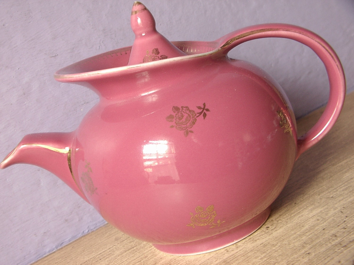 Antique 1950's Hall Pottery rose pink teapot Mid by ShoponSherman