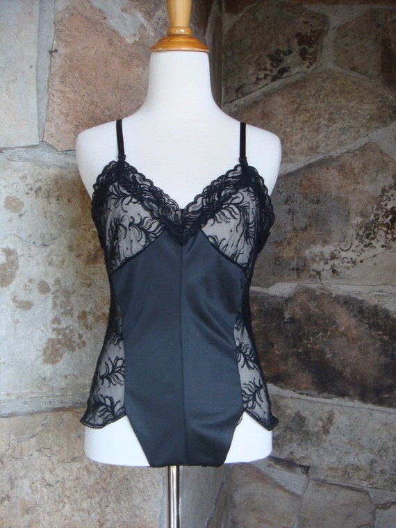 80s BLACK LACE TEDDY vintage sheer panels high cut thigh