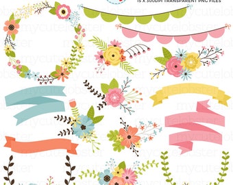 Floral Clipart Set - floral selection, flowers, wedding clipart, banners, bunting - personal use, small commercial use, instant download