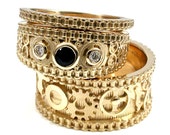 Yellow Gold His and Hers Gear Ring Set - Steampunk Engagement Rings - Bike Chain with Sapphire and Diamonds