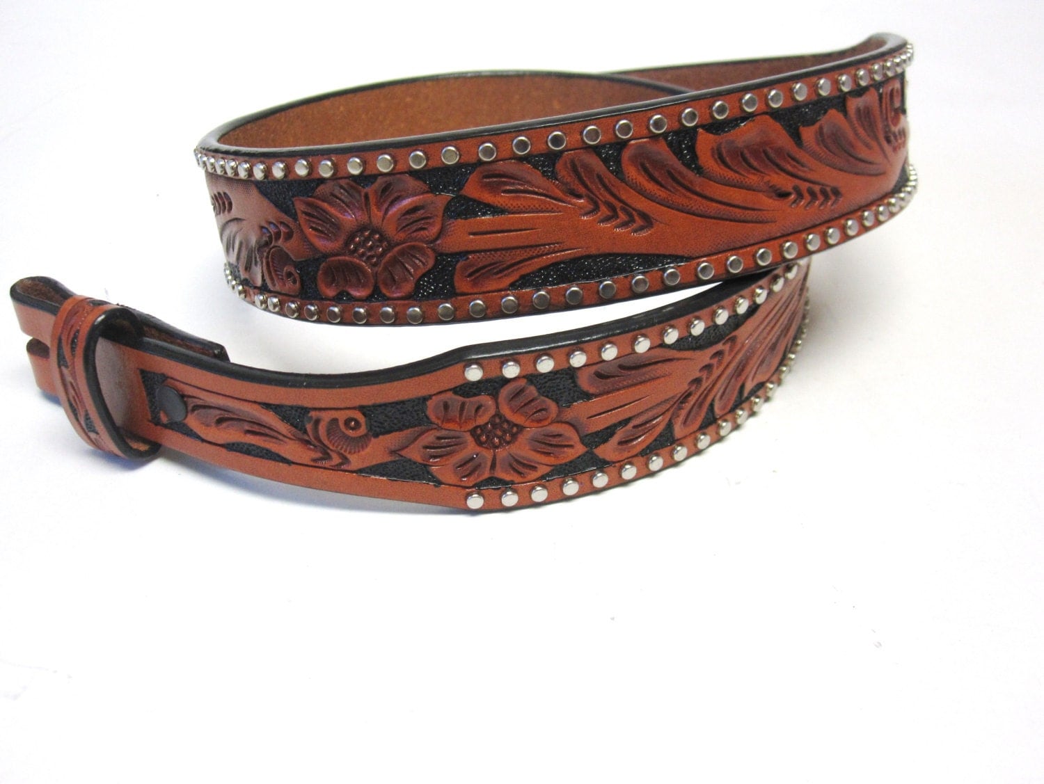 Mens Western Brown Tooled Leather Belt No Buckle Size 32