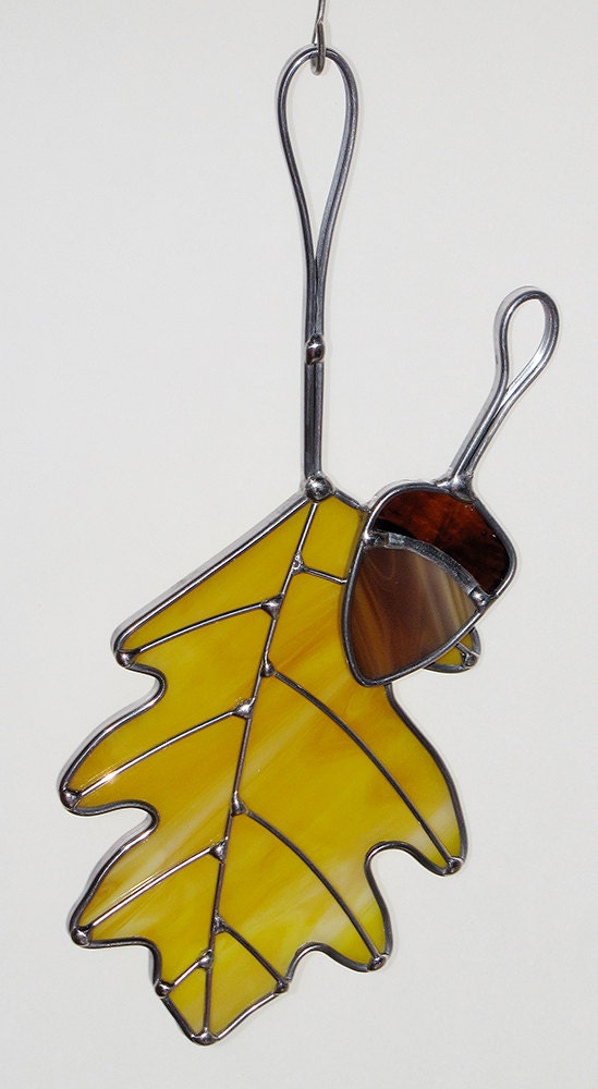 Stained Glass Suncatcher Fall Oak Leaf with Acorn and Wire