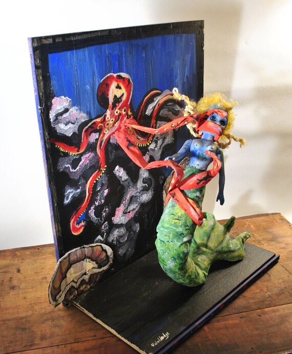 Items similar to Folk Art Sculpture Octopus Attack Mermaid Assemblage