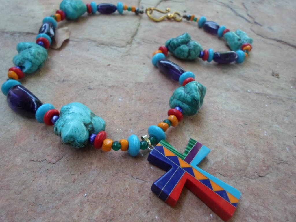 Zuni Cross Necklace of Turquoise and Amethyst