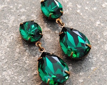 Emerald Green Earrings Swarovski Crystal Emerald Earrings Rhinestone Post Dangle or Clip on Earrings Petite Fiesta Mashugana
