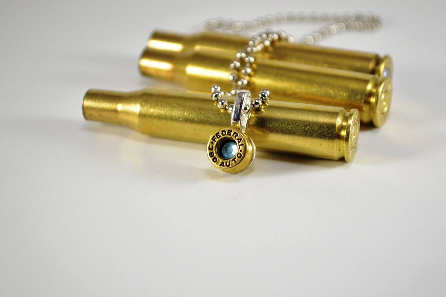 Bullet Necklace Shell Casing 380 Aquamarine Swarovski Gem 