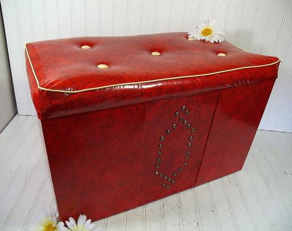 Retro Red & Ivory Vinyl Storage Hassock Coffee Table