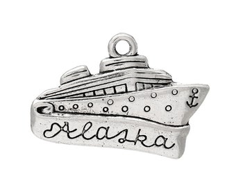 5 Antique Silver Stamped "Alaska" CRUISE SHIP Charm Pendants chs1417