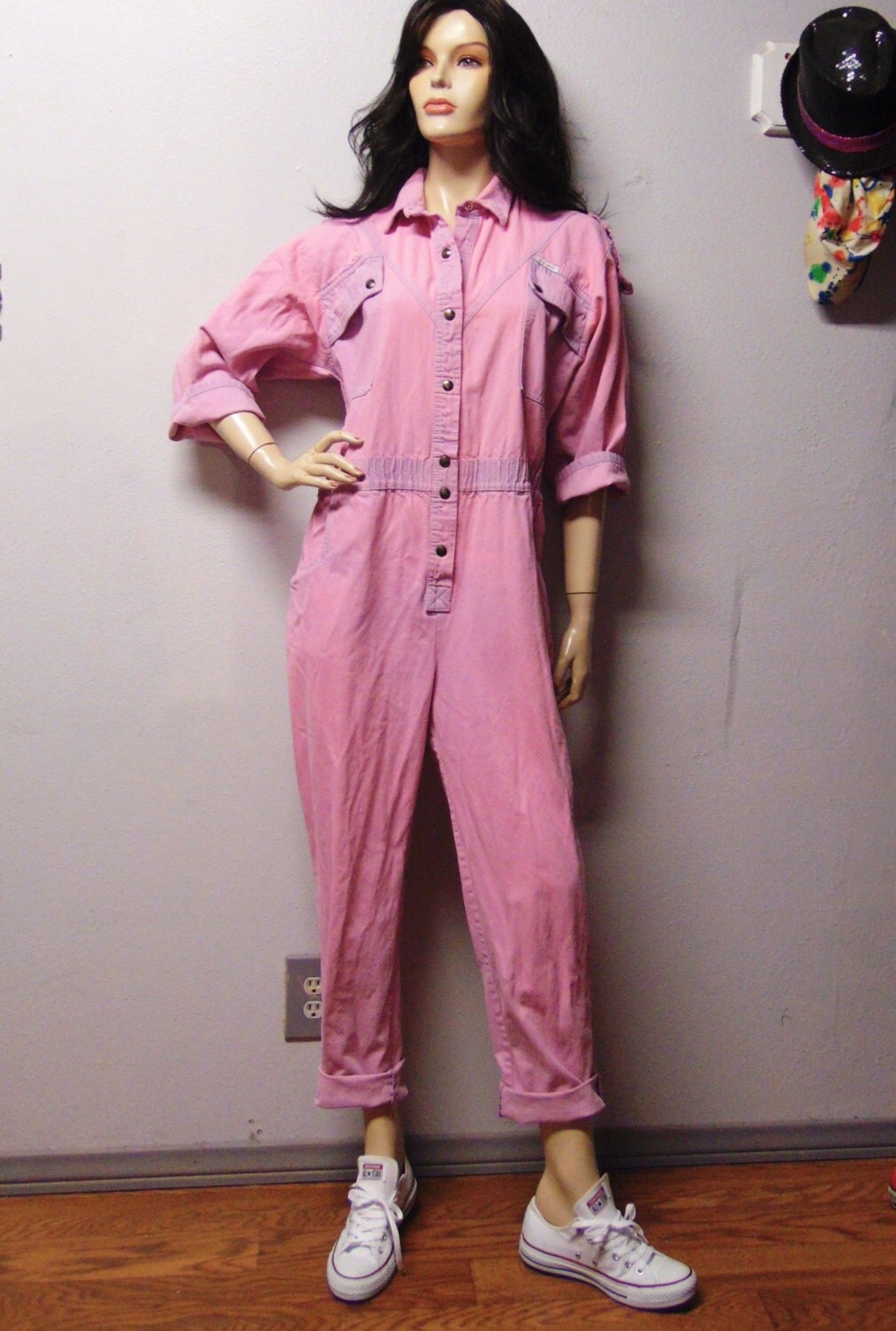 Vintage 80's Pink denim Jumpsuit Pants Sz Large