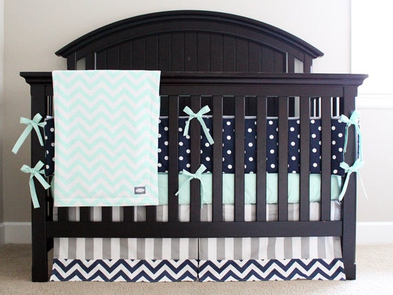 Mint Navy Grey Baby Crib Bedding Set Polka dot Chevron
