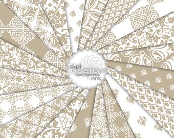 Beige Damask Digital Paper & Printable Background Images - Digital Tan Khaki Damask Scrapbook Paper for Weddings - Instant Download (DP215C)