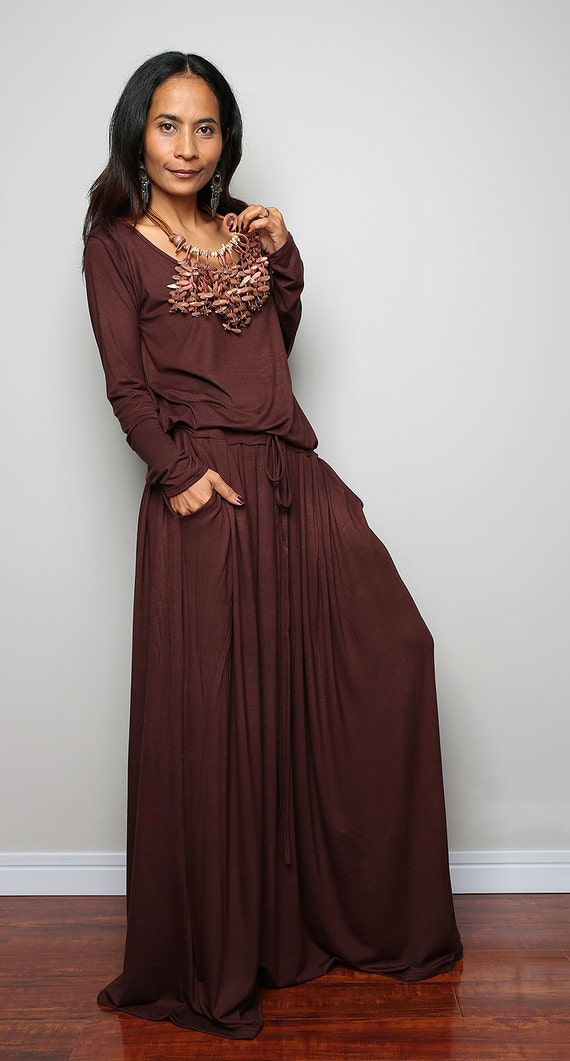 Brown Maxi Dress Chocolate Brown Long Sleeve Dress : Autumn