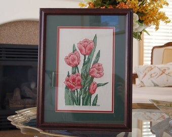 Pink Tulip Cross Stitch Needlework Embroidery