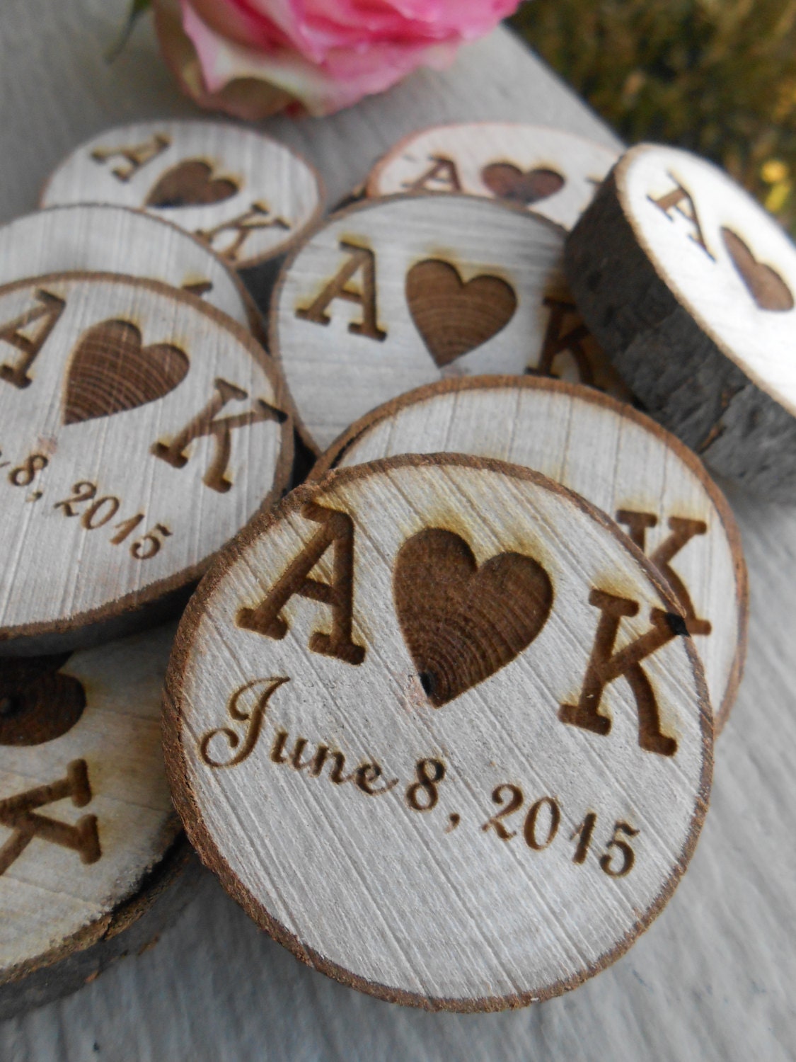 15 PERSONALIZED Initials Wood Rounds. Laser Cut Rustic
