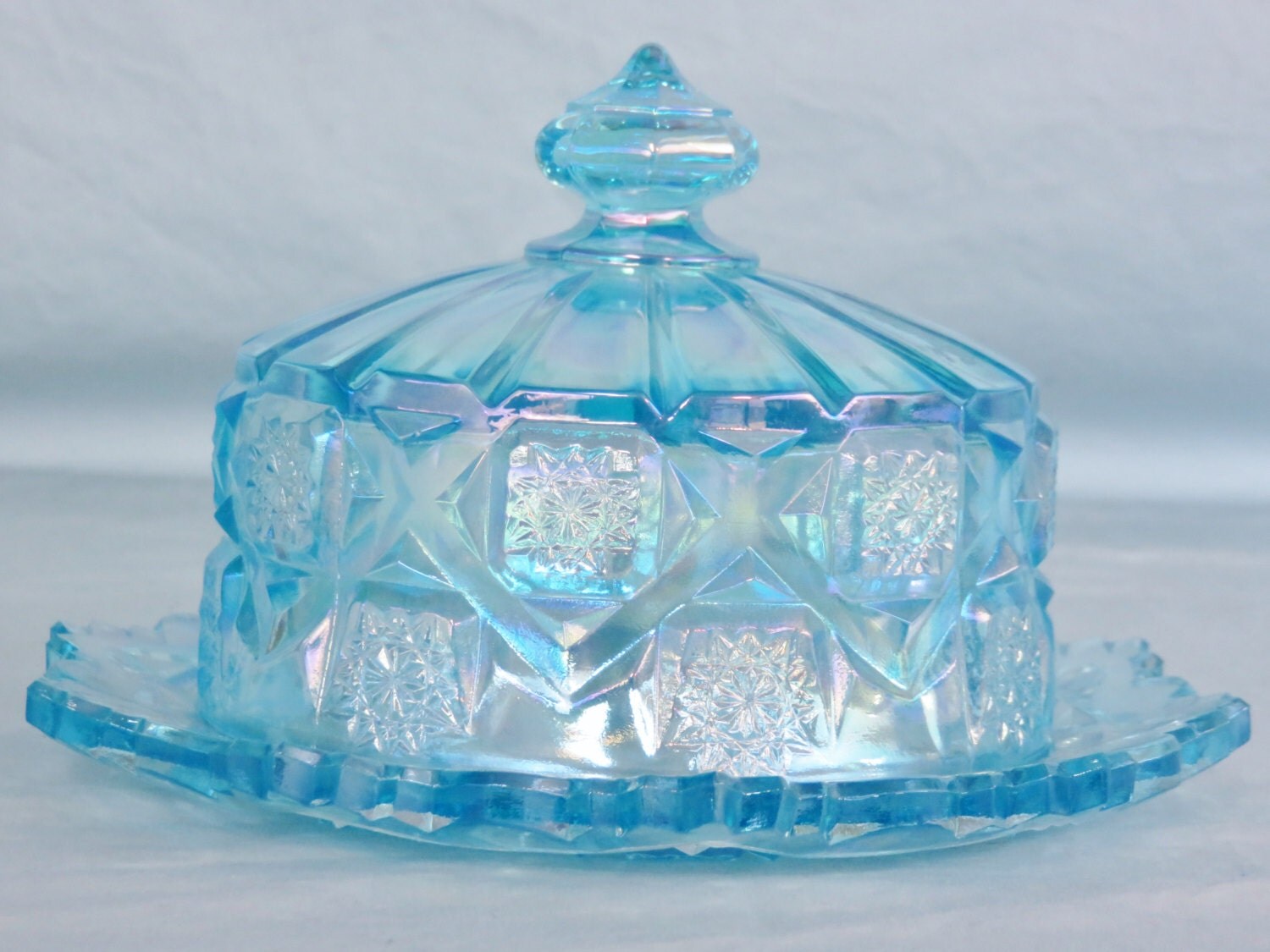 Vintage Westmoreland Glass Iridescent Blue Carnival Glass Covered Butter Dish Haute Juice