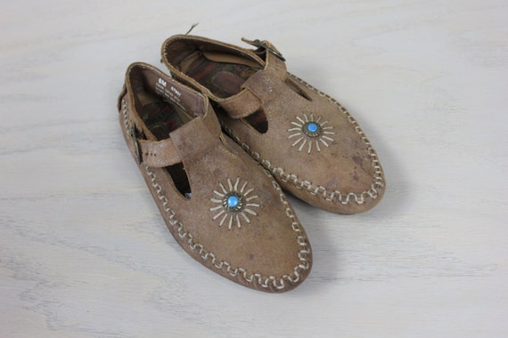 Size 6 HUSH PUPPIES Women's Vintage MOCCASINS Buckle Turquoise Rosette ...