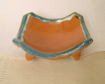 Stoneware Pottery Soap Dish in Denim, Rust, and Tan with Porcelain Flowers, Bathroom Accessories,
