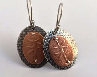 Sterling and Copper Earrings, Textured, Roller Printed Mixed Metal, Oval, Artisan Jewelry