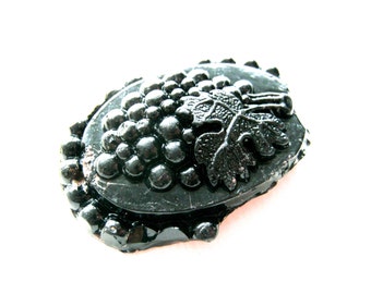 Antique Jet Brooch Stone Victorian Engraved on back Grapes Vine