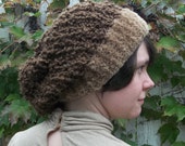Brown Knit Fur Hat Tan Faux fur brim with brown boucle warm slouchy knit hat