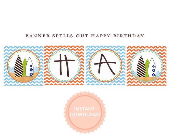 INSTANT DOWNLOAD, Chevron Surfer Collection: Printable Happy Birthday Banner, Blue and Orange Chevron Banner Il_570xn