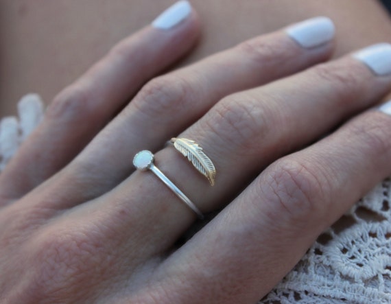 Opal ring, feather ring, Sterling silver ring, stacking ring, midi ring, stackable ring