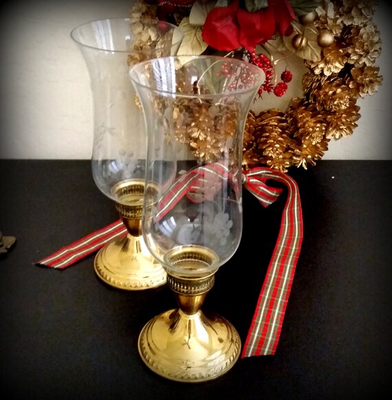 Hurricane Candle Holders Brass Etched by izzysvintagegarden