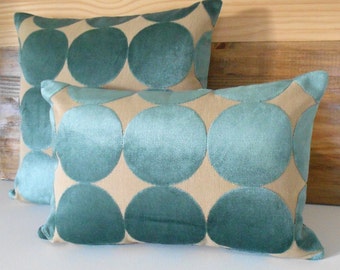 Turquoise and tan velvet dots pillow, Dwell Studio plush dotscape peacock decorative pillow cover