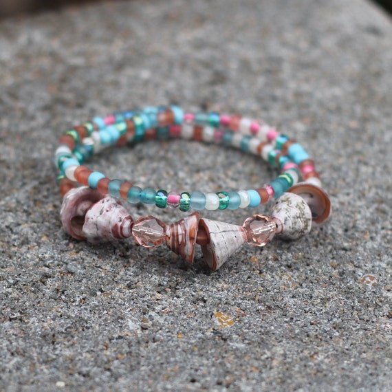 I'd Rather Be By The Sea - Bangled Bracelet - Coral and Teal - Seashell - Jamaican Ministry - Layered Look