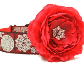 Dog Collar Flower Add-on Red Christmas Flower with Snowflake Center