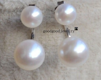 Double pearl earrings set wedding, floating earrings, real pearl studs,white earring pearl, bridesmaid stud, jewellery bridal earings