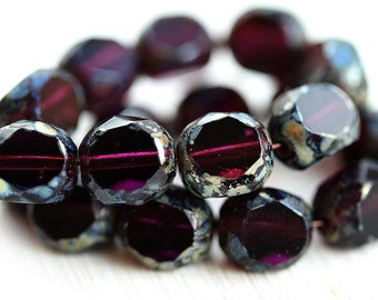 Dark purple beads, Round cut fire polishe, czech glass beads, Picasso finish - 8mm - 10Pc - 1702