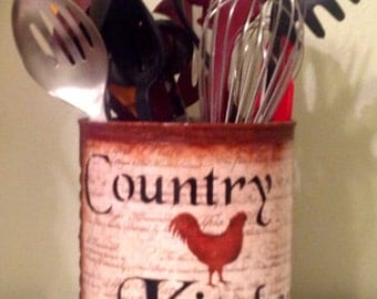 Rooster Kitchen Faux Rusty Tin..Kitchen Decor..Country Kitchen...Country Home..Rooster Lover.Housewarming Gift..Prim Utensil Holder