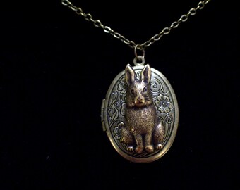 Rabbit Locket, Bunny Locket, Floral Locket, Brass Bunny Locket, Rabbit Jewelry, Oval Brass Locket Pendant, Antiqued Brass Rabbit Necklace