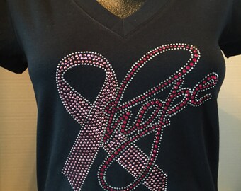 Hope with a Pink Ribbon Rhinestone Shirt - Breast Cancer Awareness Shirt