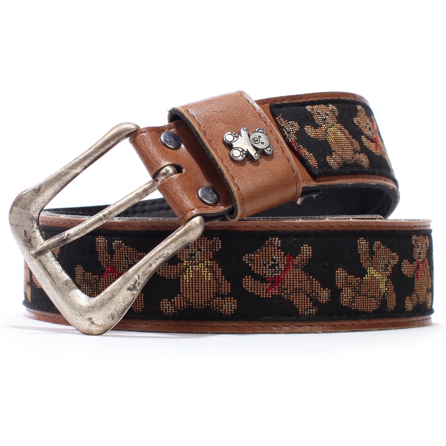 Vintage Tapestry Belt Brown Teddy Bears Printed Novelty Faux Leather