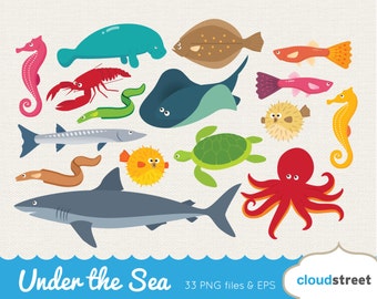 20% OFF vector under the sea clip art / sea creatures clipart puffer fish shark octopus manatee turtle stingray / commercial use ok