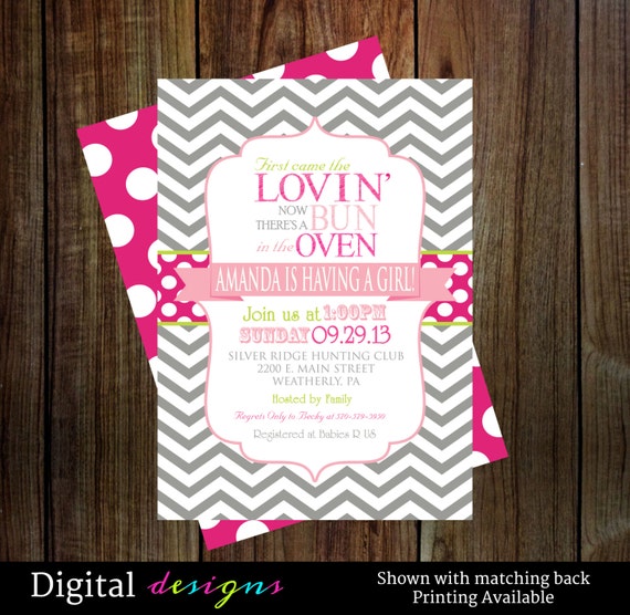 Girls Baby Shower Invitations bun in oven, hot pink, typography digital, printable NO.9110 Il_570xn
