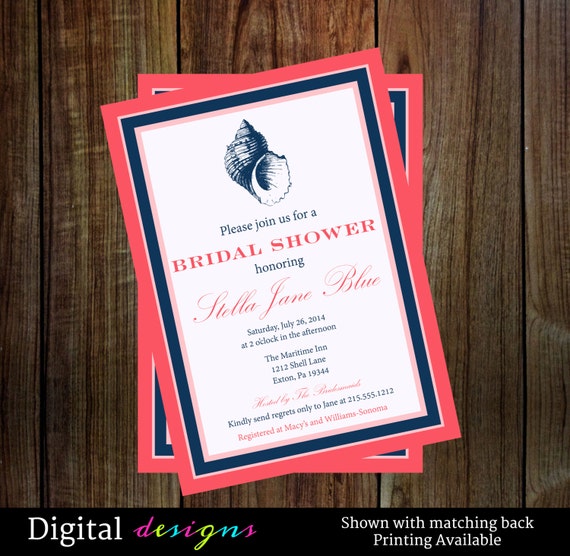 Beach bridal shower invitations modern navy, coral or any colors printable digital file Il_570xn