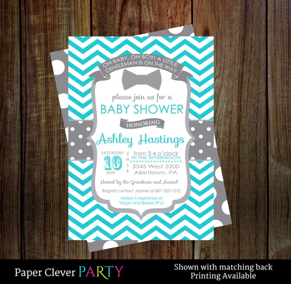 Oh boy bow tie baby shower invitations -- gray and aqua boys bowtie baby shower printable file Il_570xn