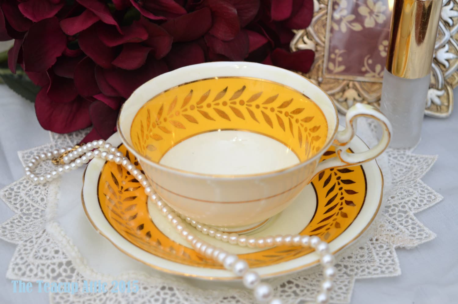 Aynsley Yellow and Gold Teacup and Saucer Set, English Teacup, Wedding
